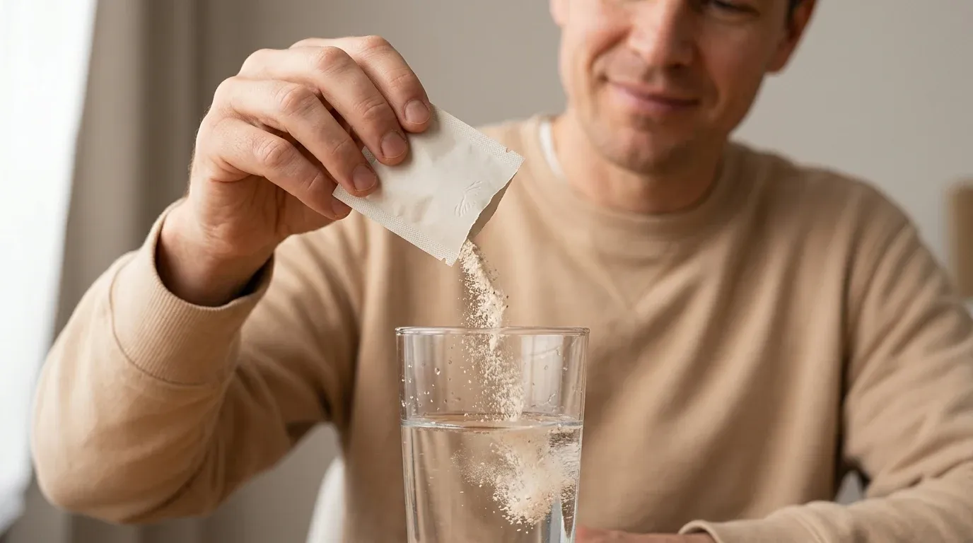 Person gießt off-white Pulver aus Einzeldosisbeutel in klares Wasserglas, Mineralien lösen sich für Herz, Nerven und Muskeln.