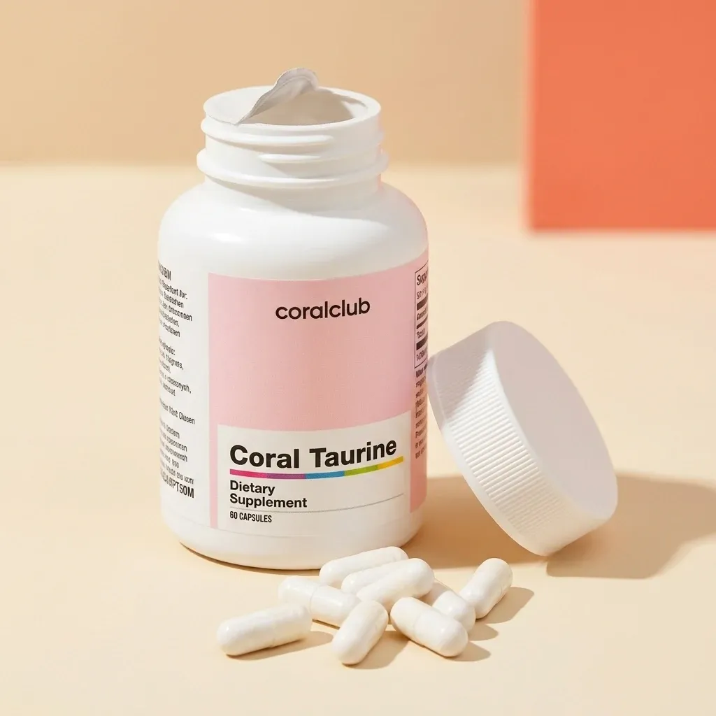 Coral Taurine dietary supplement bottle with capsules on a pastel background.