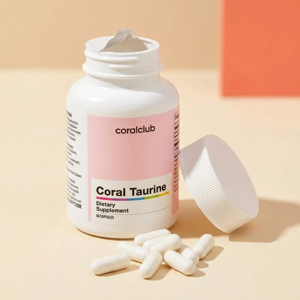 Coral Taurine dietary supplement bottle with capsules on a pastel background.