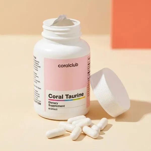 Coral Taurine dietary supplement bottle with capsules on a pastel background.