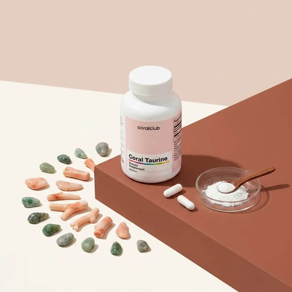 Coral Taurine ingredient with powder, capsules, and coral-shaped elements on a minimalist background.