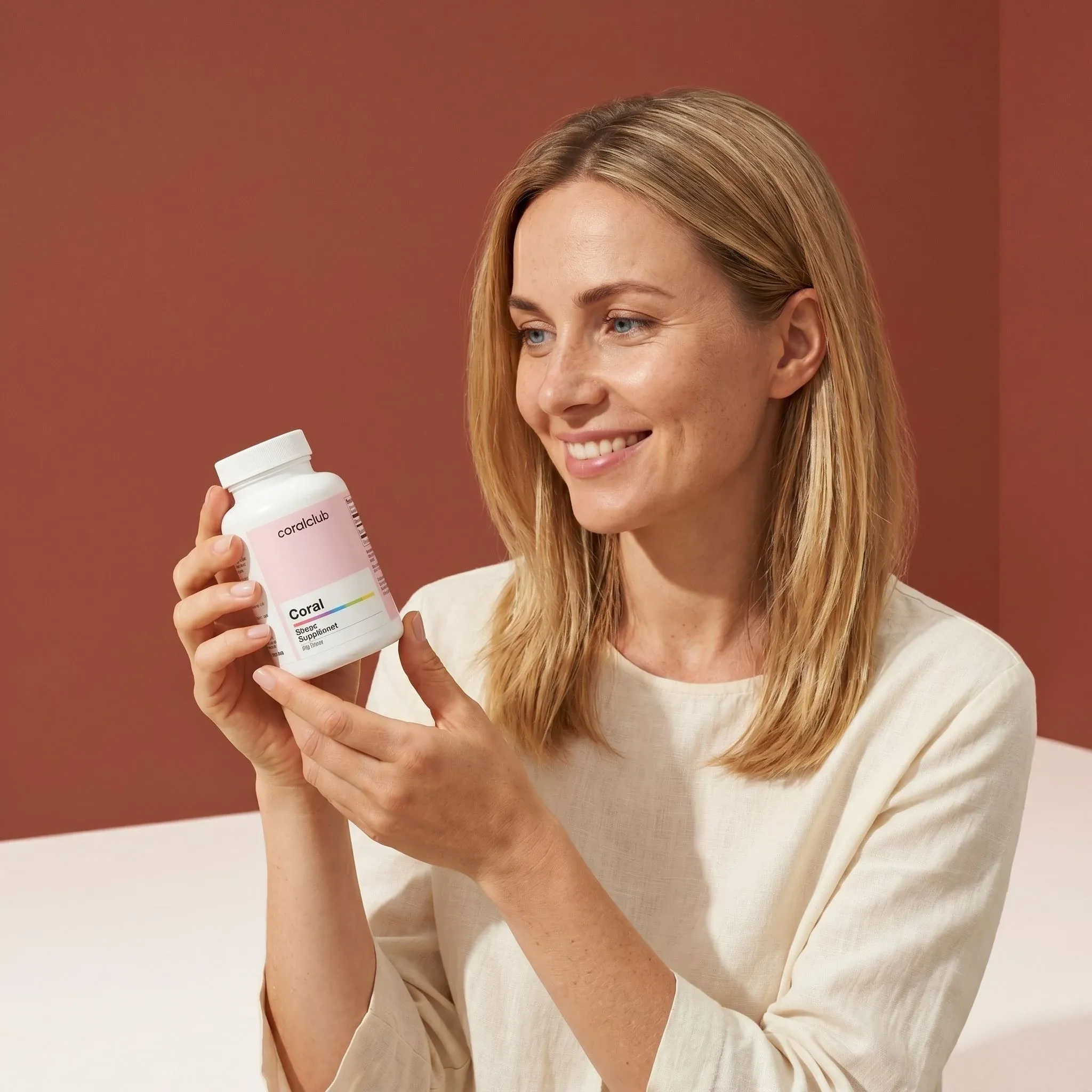 Woman holding Coral Taurine supplement bottle in a lifestyle setting with warm background.