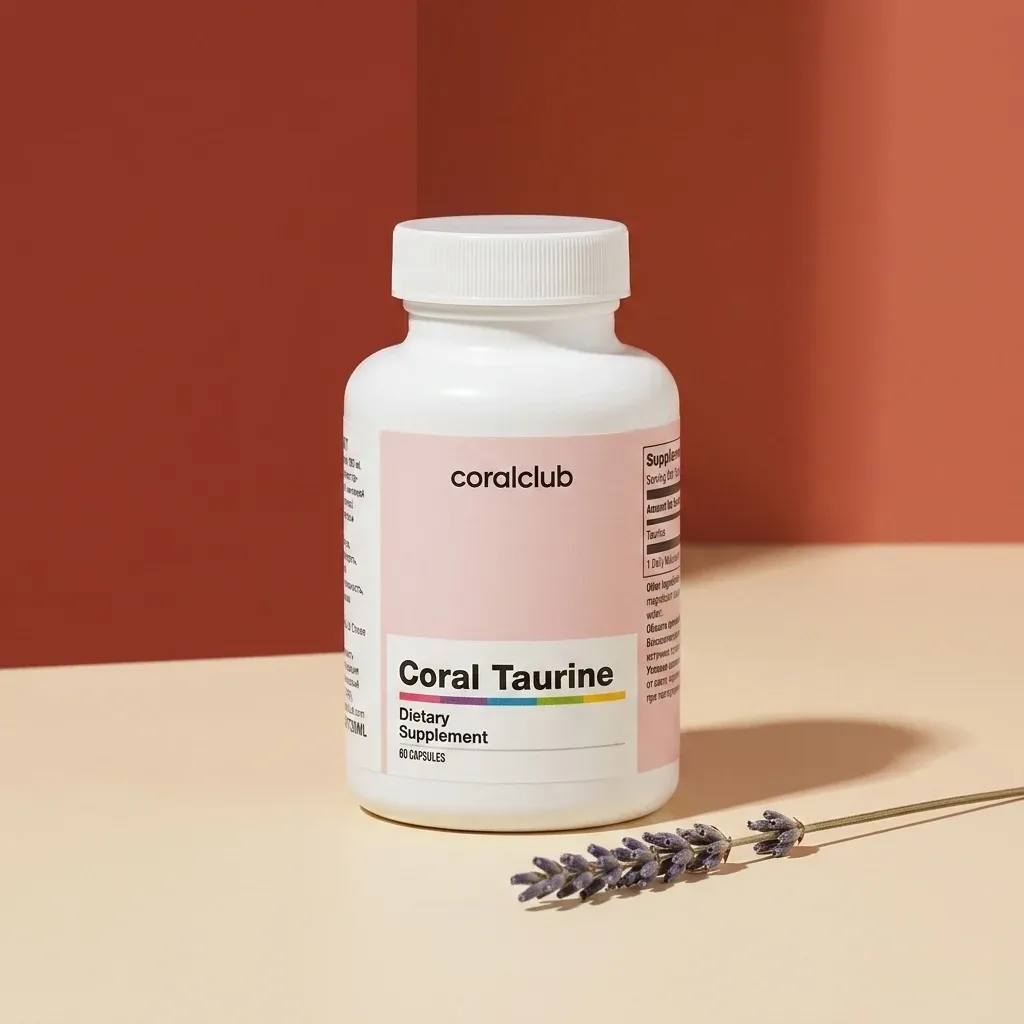 Coral Taurine dietary supplement bottle on a beige surface with lavender sprigs.