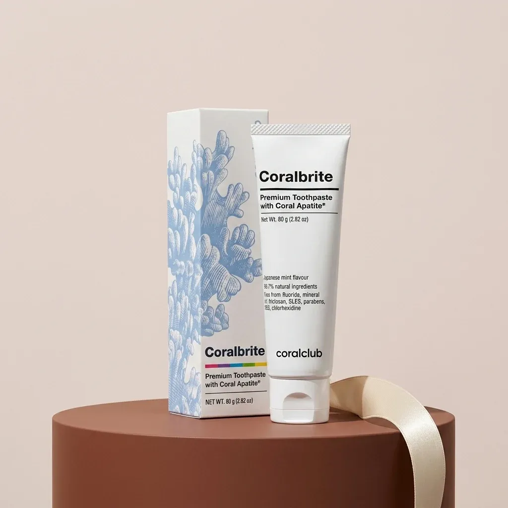 Coralbrite Premium Toothpaste packshot with Coral Apatite, featuring a coral design on the box and tube.