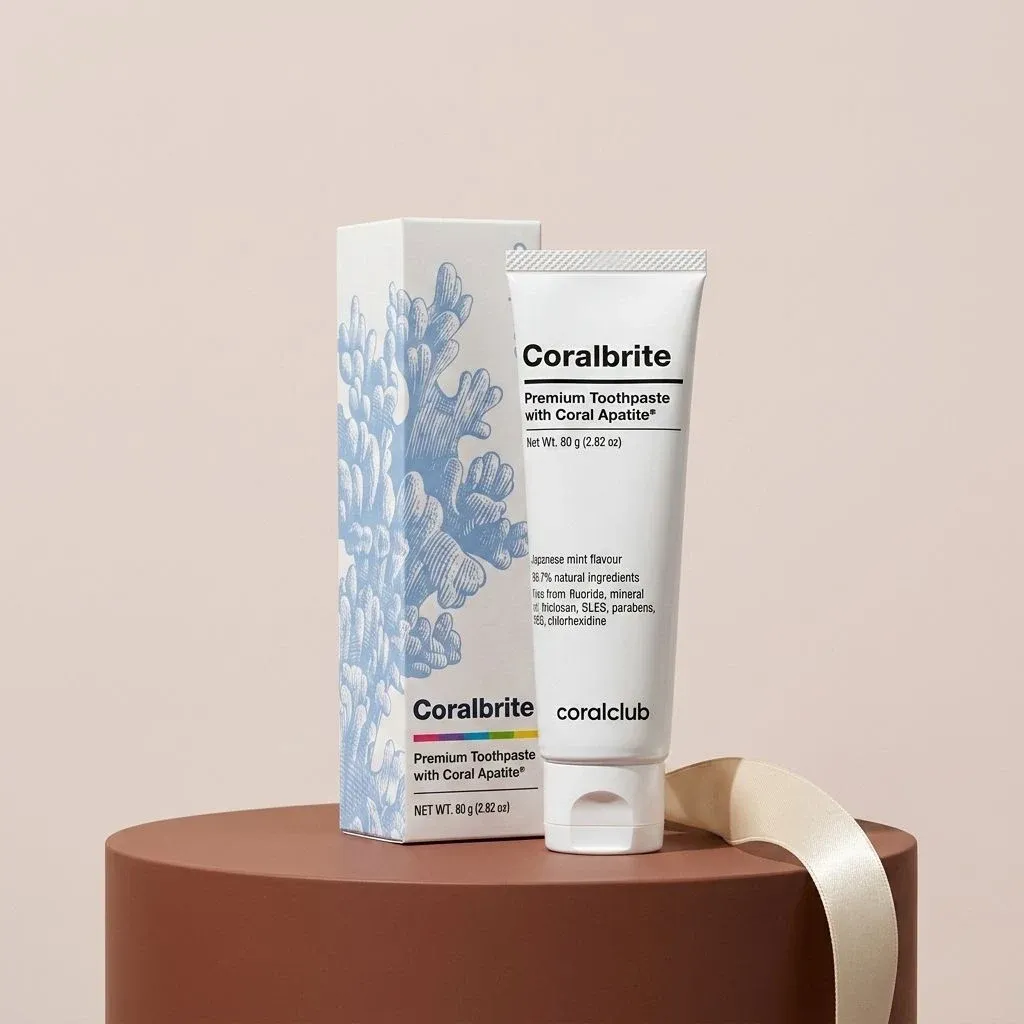 Coralbrite Premium Toothpaste packshot with Coral Apatite, featuring a coral design on the box and tube.