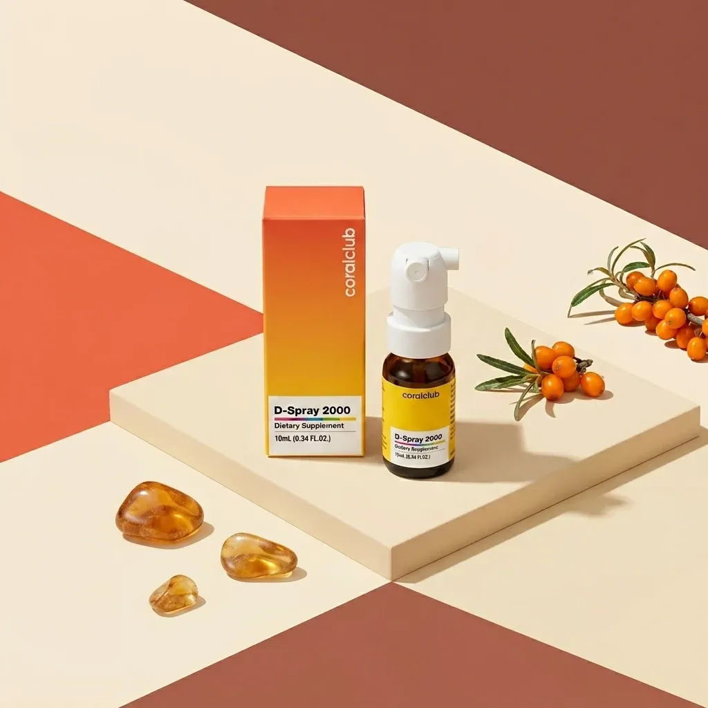 D-Spray 2000 dietary supplement with amber stones and sea buckthorn berries on a geometric background.