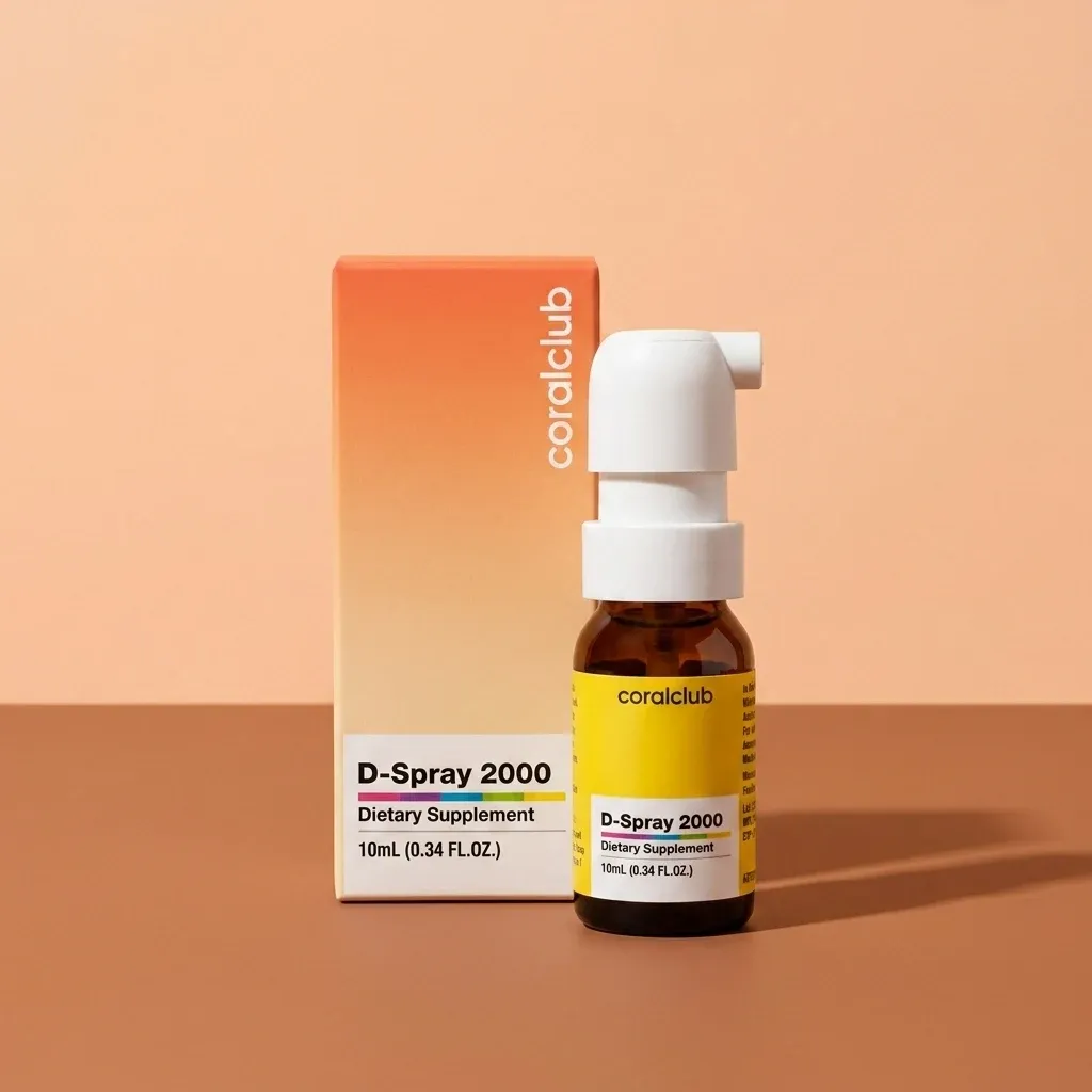 D-Spray 2000 dietary supplement packshot with bottle and box on a neutral background.