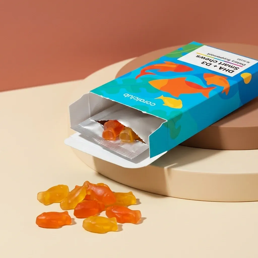 DHA + D3 Smart Chews detail with colorful gummy supplements spilling from an open package.