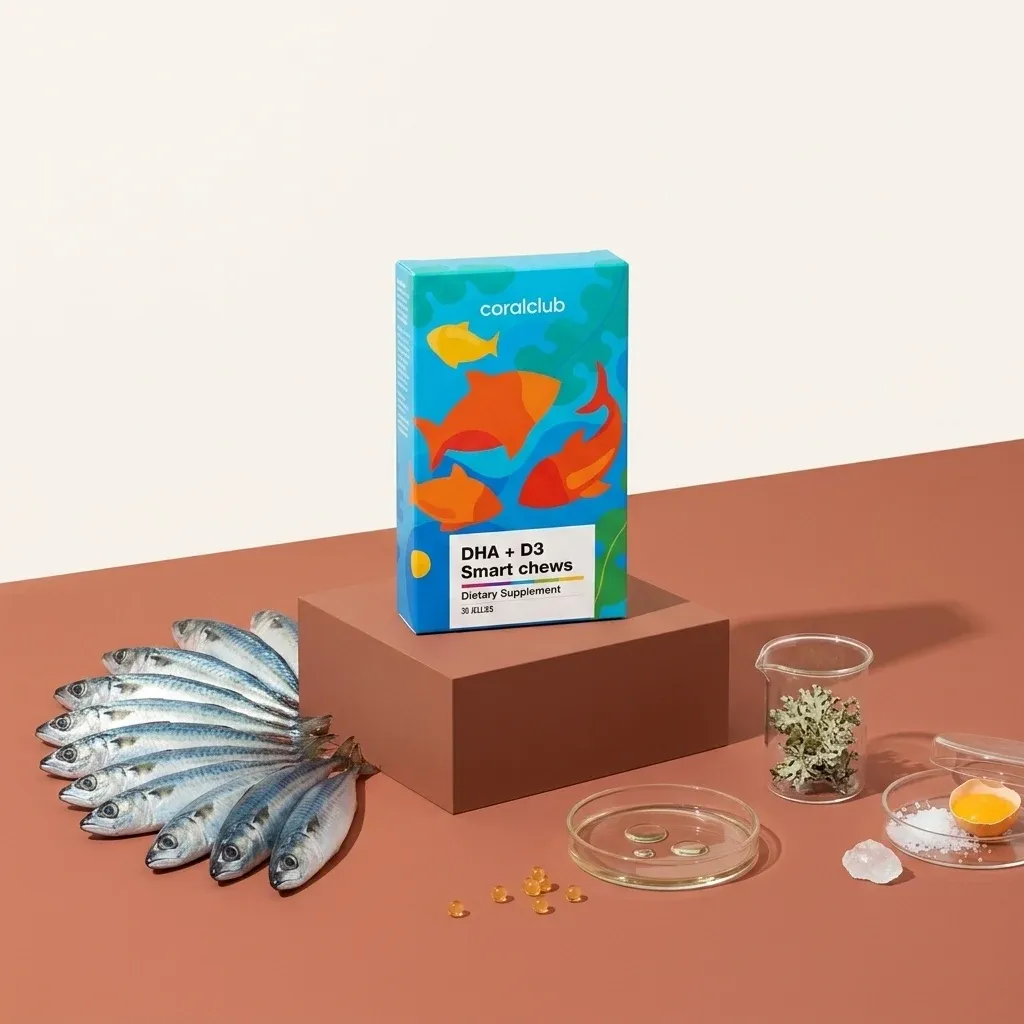 DHA + D3 Smart Chews dietary supplement box with fish and ingredients on a minimalist display.