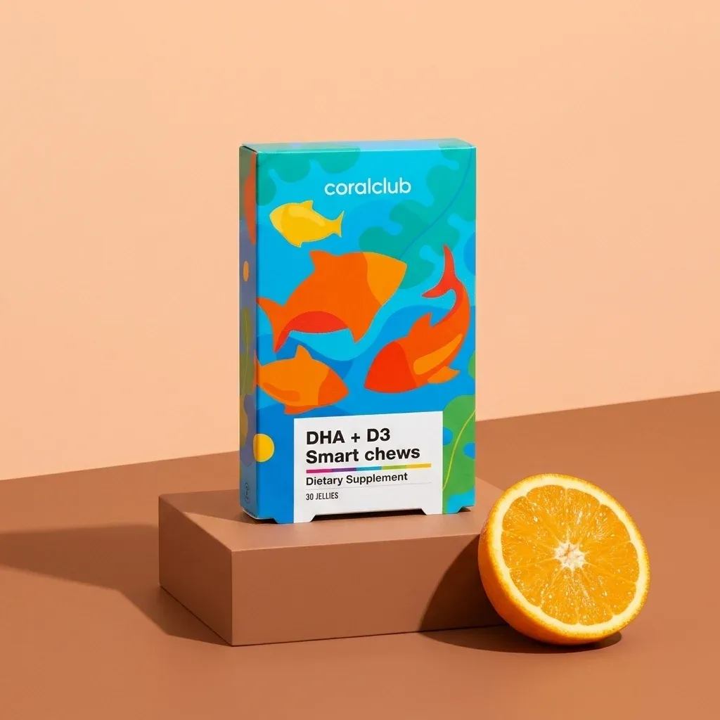 DHA + D3 Smart Chews packshot with colorful fish design and an orange slice.