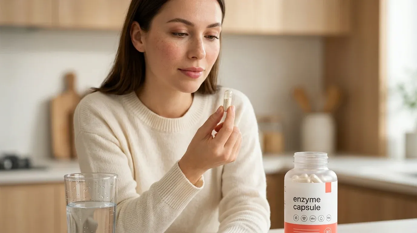 Frau entnimmt eine Dietary Supplements-Kapsel aus mattweißer Flasche mit Korall-Label neben Glas Wasser in heller Küche