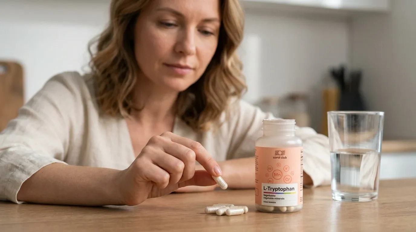 Frau am Küchentresen greift zur transparenten Gemüsekapsel der Dietary Supplements von Coral Club neben einem Glas Wasser
