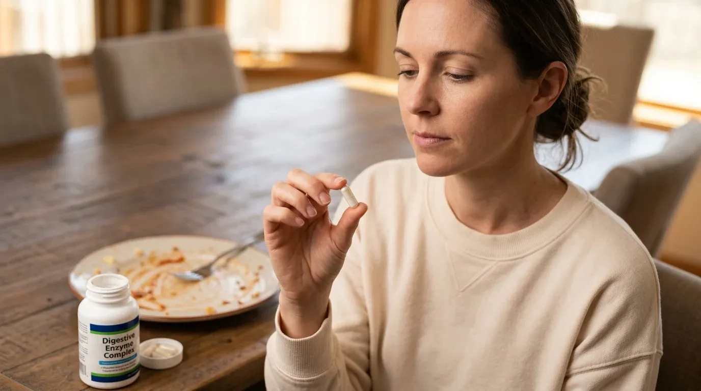 Frau am Esstisch hält Digestive Enzyme-Kapsel nach Mahlzeit, dabei Flasche mit Kapseln und Tellerreste.