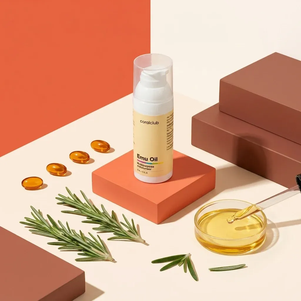 Emu Oil ingredient with dropper, capsules, and rosemary leaves on colored blocks.