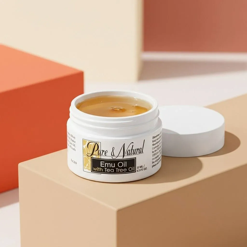 Emu Oil with Tea Tree Oil in a jar, showcasing the golden oil and white lid against a minimalist background.