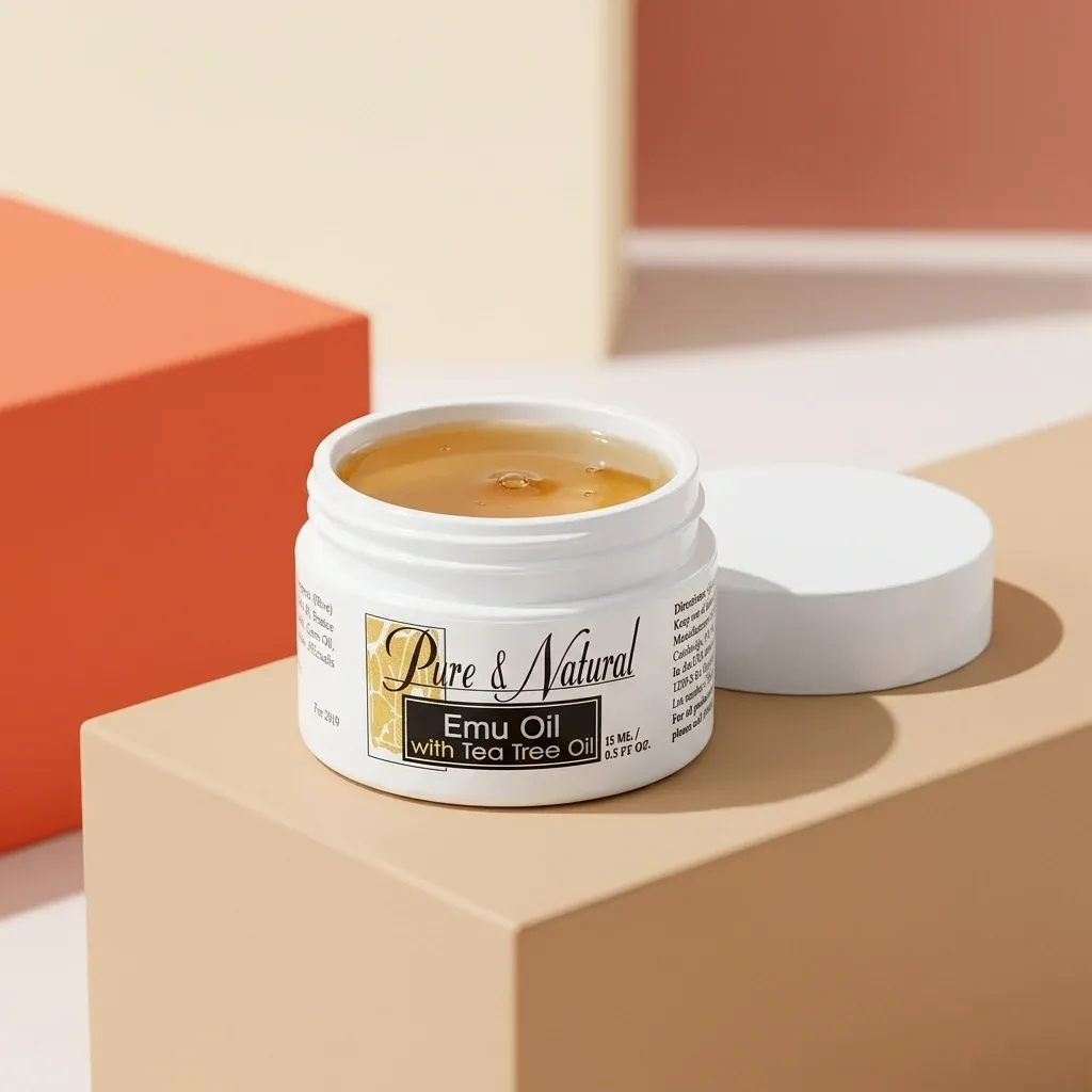 Emu Oil with Tea Tree Oil in a jar, showcasing the golden oil and white lid against a minimalist background.