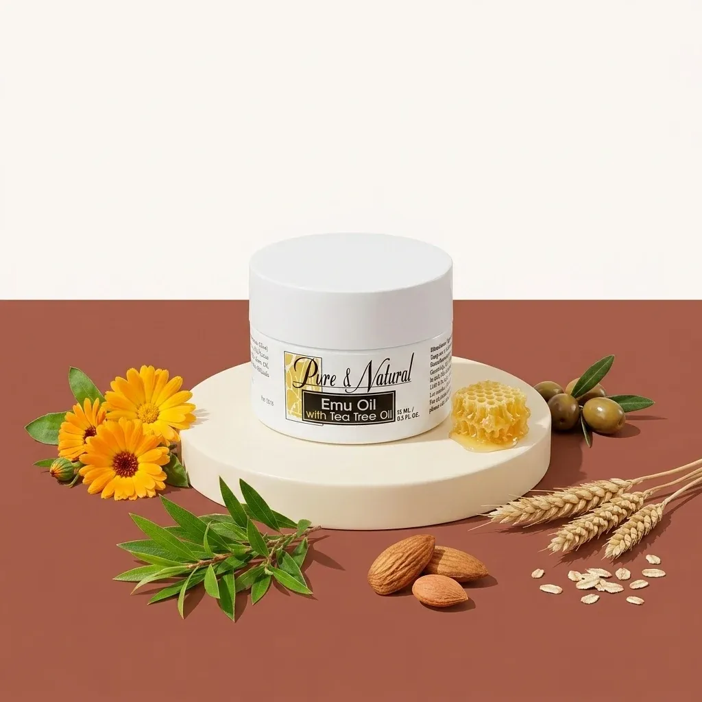 Emu Oil with Tea Tree Oil jar surrounded by flowers, almonds, and honeycomb on a neutral background.