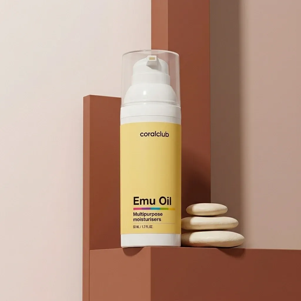 Emu Oil with Tea Tree Oil packshot featuring a yellow bottle and minimalist design.