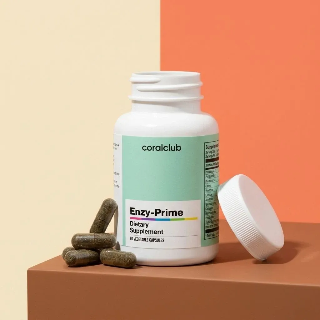 Enzy-Prime dietary supplement bottle with capsules on a brown surface.
