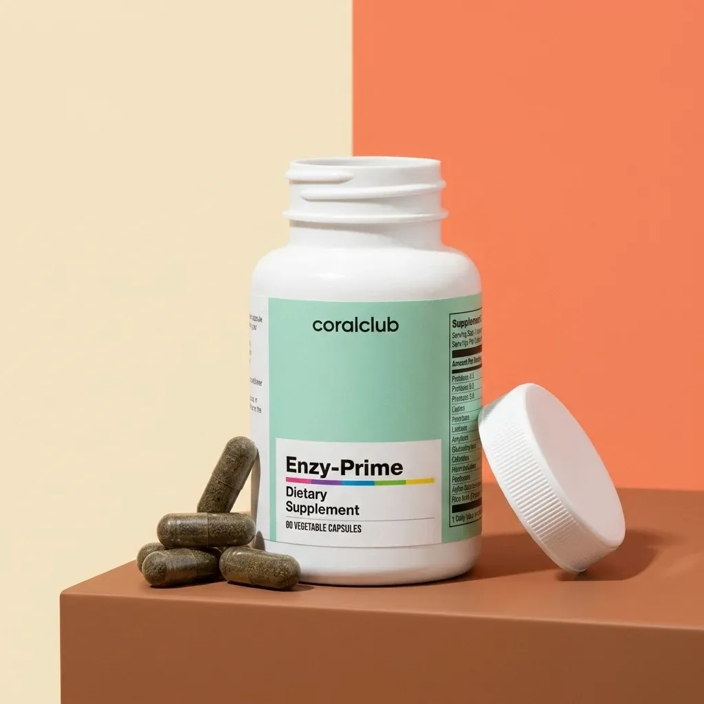 Enzy-Prime dietary supplement bottle with capsules on a brown surface.