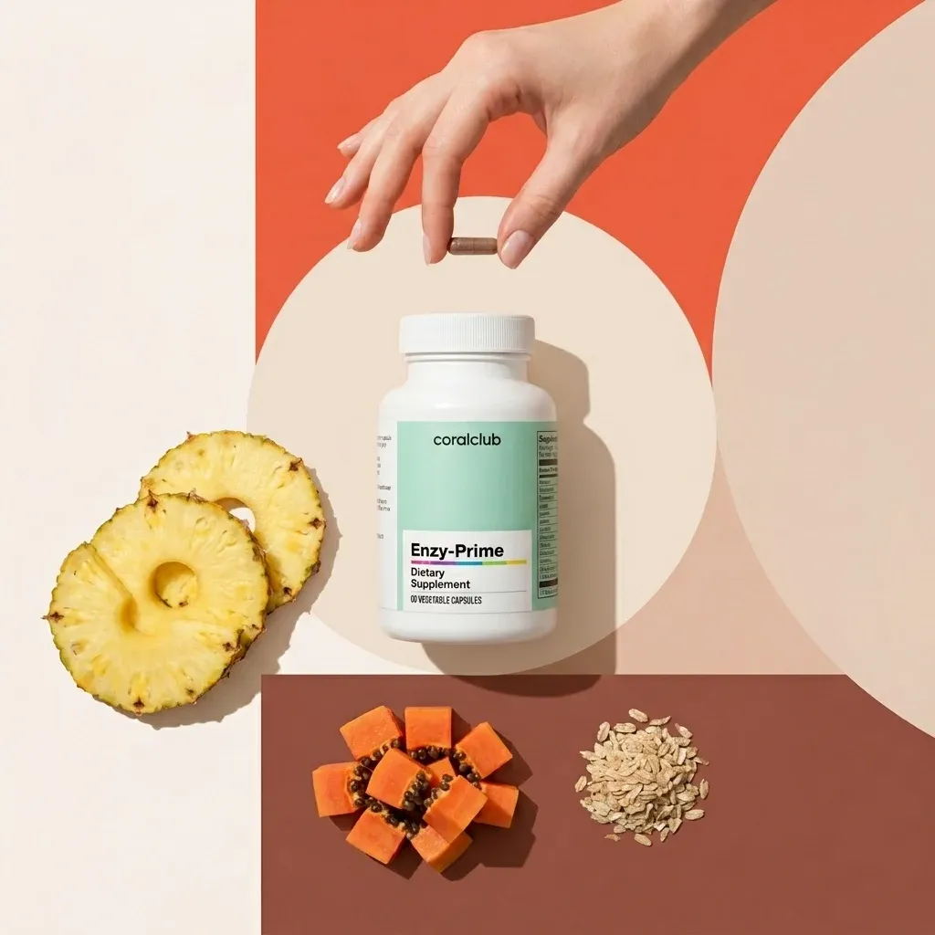 Enzy-Prime dietary supplement with pineapple, papaya, oats, and a hand reaching for the bottle.