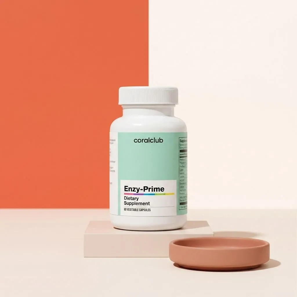 Enzy-Prime dietary supplement packshot with a white bottle and minimalist background.