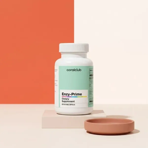Enzy-Prime dietary supplement packshot with a white bottle and minimalist background.