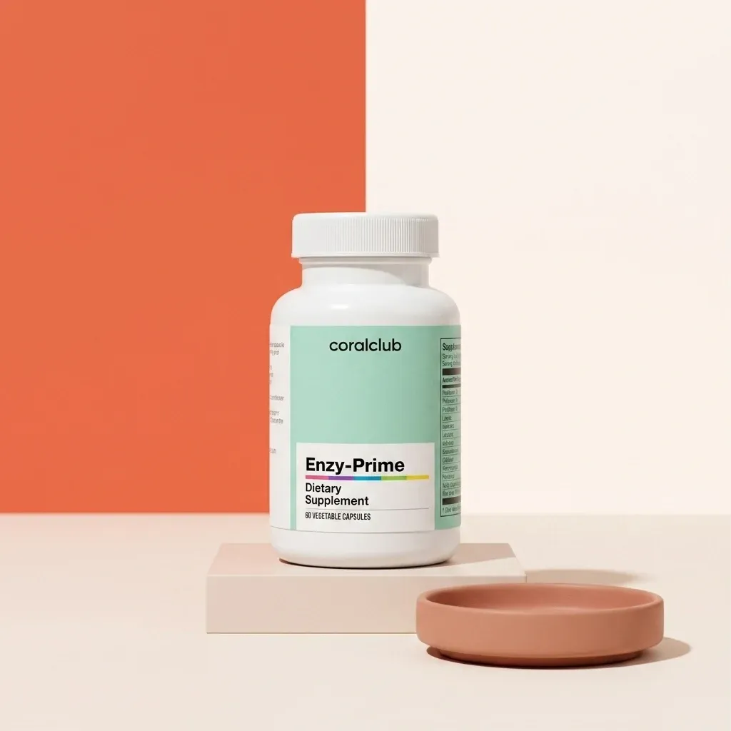 Enzy-Prime dietary supplement packshot with a white bottle and minimalist background.
