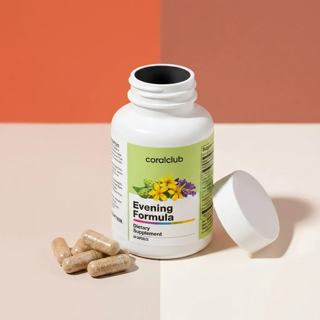 Evening Formula dietary supplement bottle with capsules on a two-tone background.