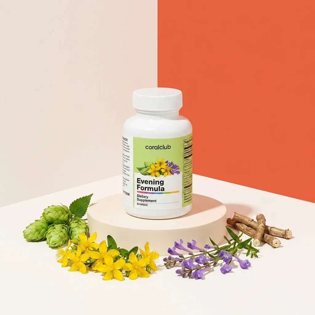 Evening Formula supplement bottle with yellow and purple flowers and herbs on a simple backdrop.