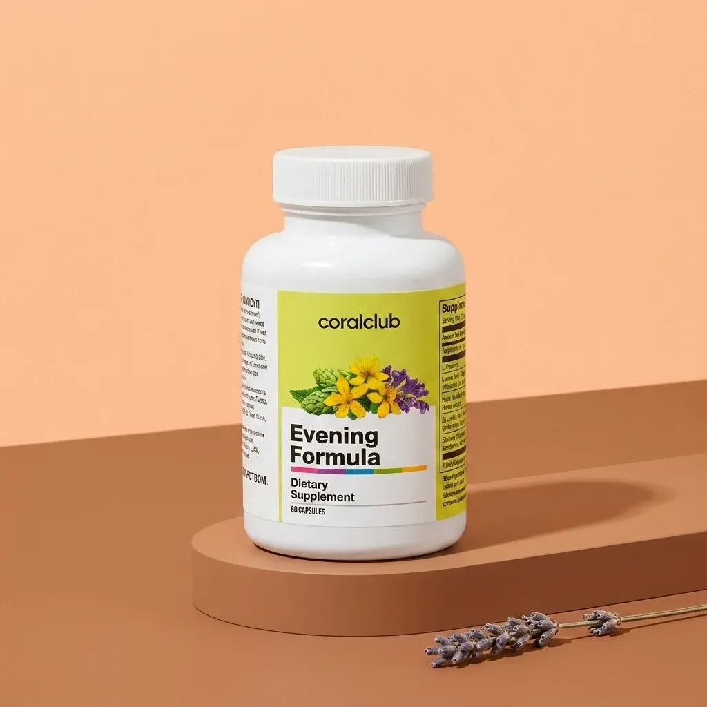 Evening Formula dietary supplement packshot with floral design and lavender accents.