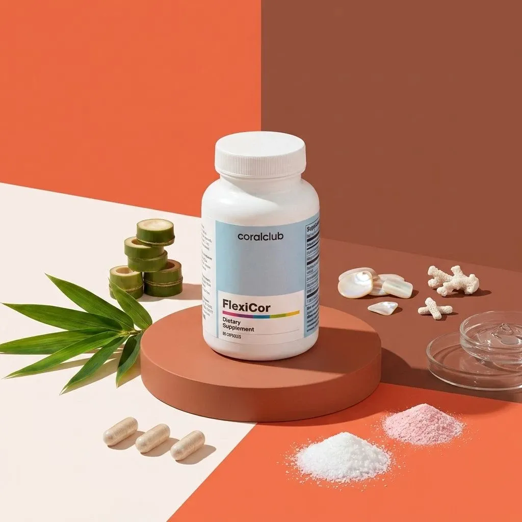 FlexiCor dietary supplement with coral powder, capsules, and natural ingredients on a colorful background.