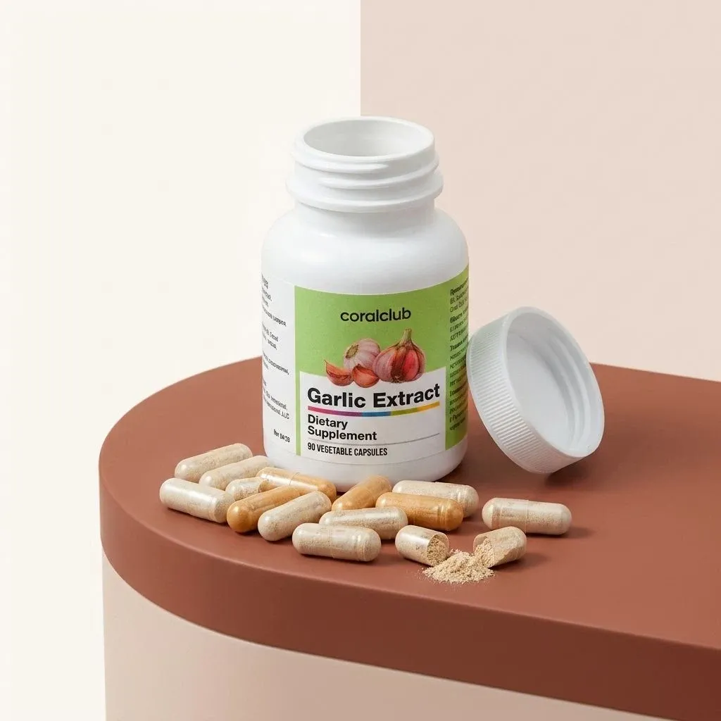 Garlic Extract dietary supplement bottle with vegetable capsules and garlic powder detail.