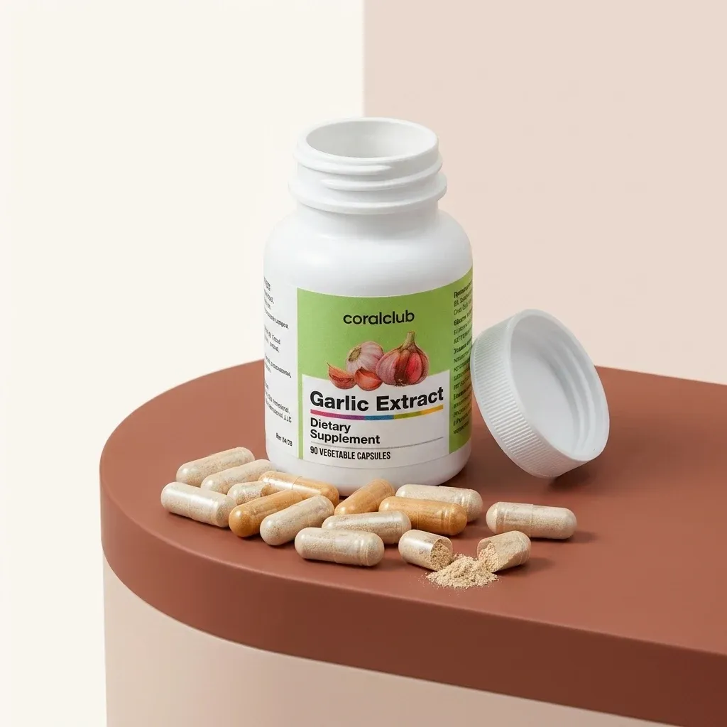 Garlic Extract dietary supplement bottle with vegetable capsules and garlic powder detail.
