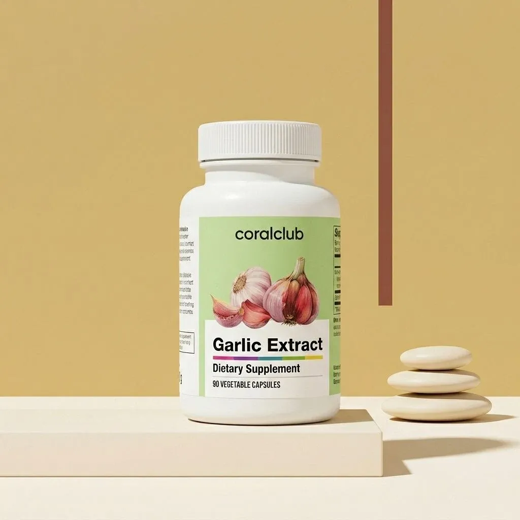 Garlic Extract dietary supplement packshot with 90 vegetable capsules and garlic bulb illustration.