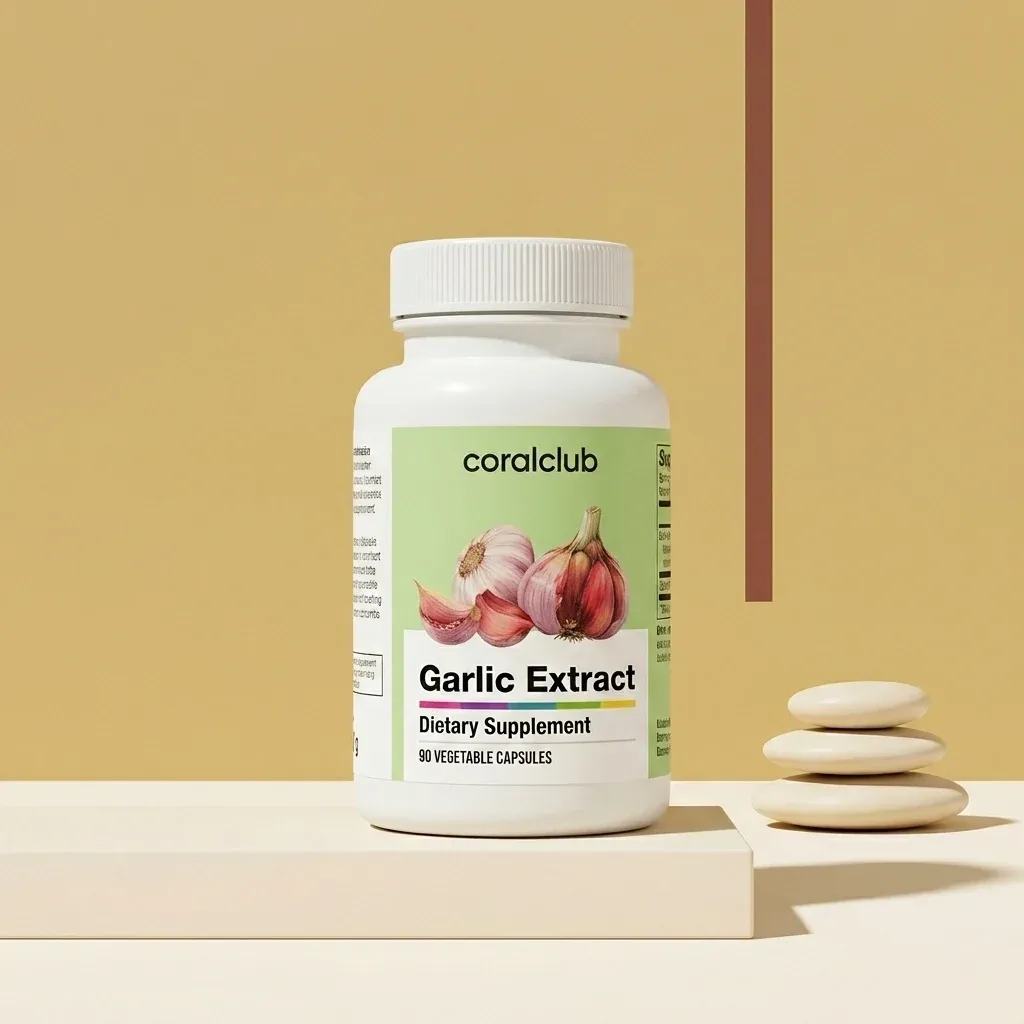 Garlic Extract dietary supplement packshot with 90 vegetable capsules and garlic bulb illustration.