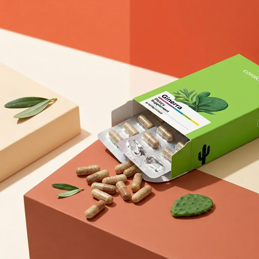 Ginerra dietary supplement capsules in open packaging with scattered capsules and cactus leaves.