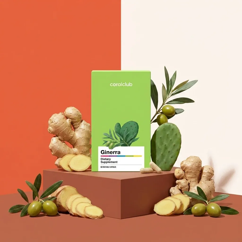 Ginerra dietary supplement with ginger, cactus, and olives on a vibrant backdrop.