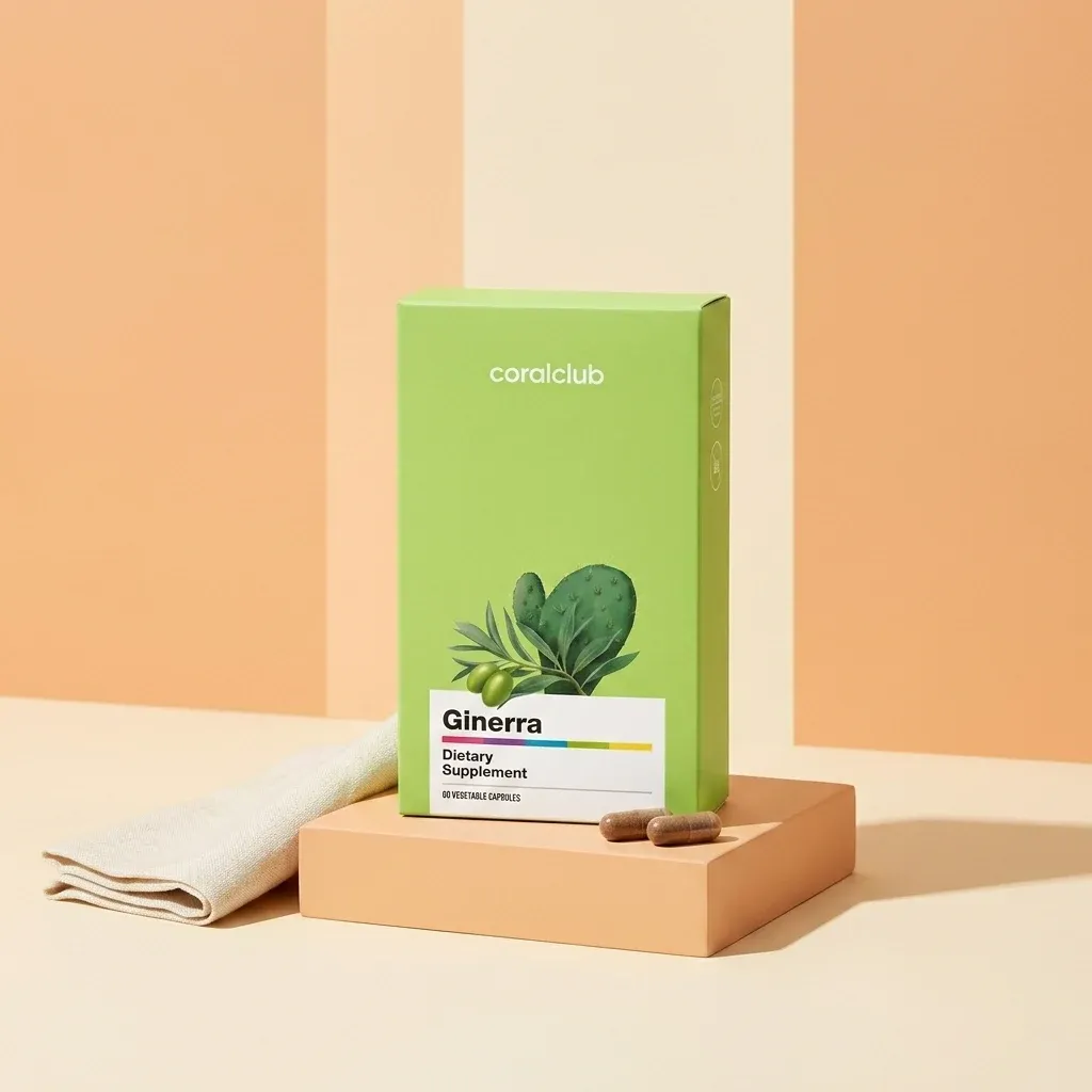 Ginerra dietary supplement packshot with green packaging and capsules on a neutral background.