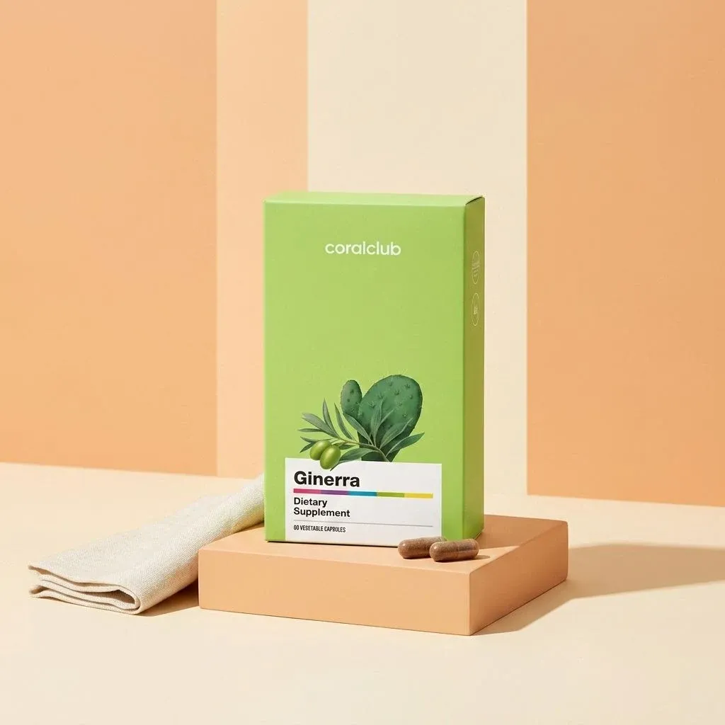 Ginerra dietary supplement packshot with green packaging and capsules on a neutral background.