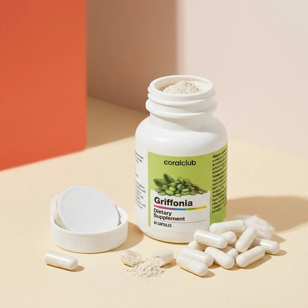 Griffonia dietary supplement bottle with capsules and powder detail on a pastel background.