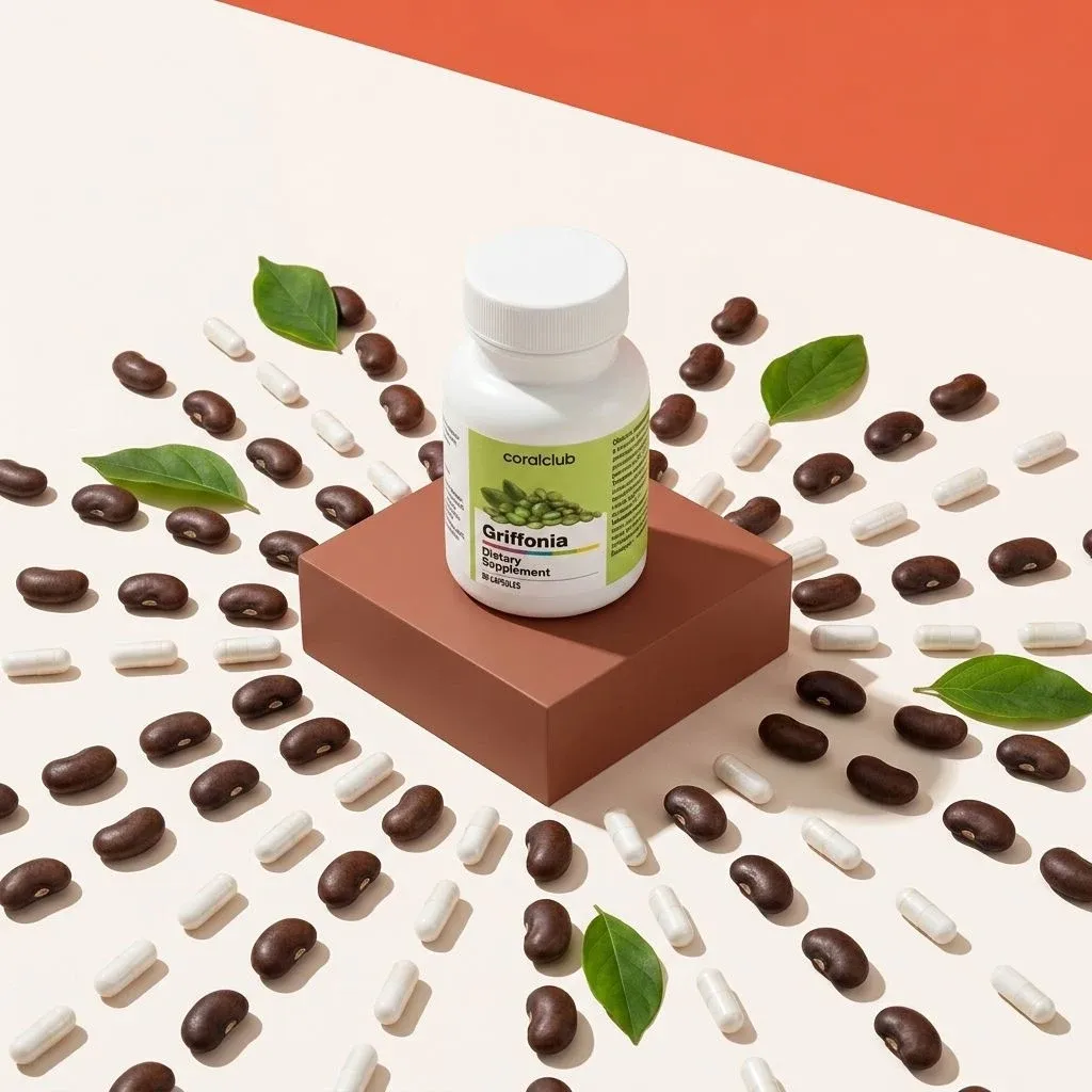 Griffonia ingredient supplement bottle surrounded by capsules and leaves on a colorful background.