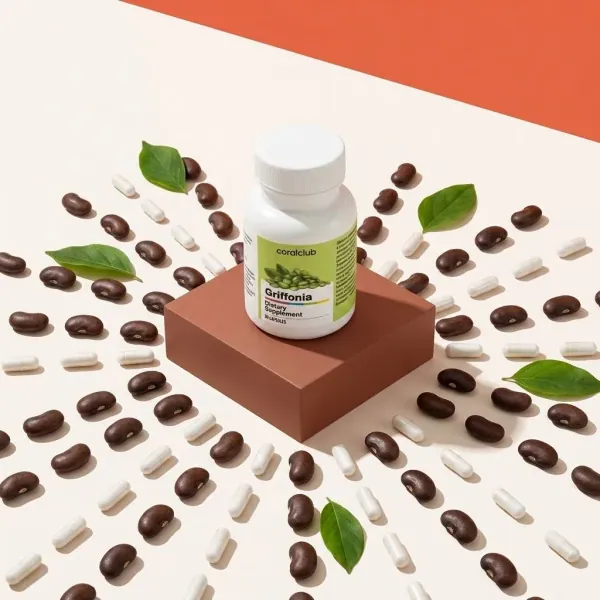 Griffonia ingredient supplement bottle surrounded by capsules and leaves on a colorful background.