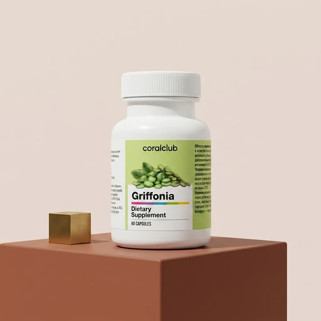 Griffonia dietary supplement packshot with green capsules and a minimalist background.