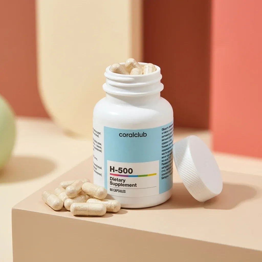 H-500 dietary supplement bottle with capsules on a minimalist background.