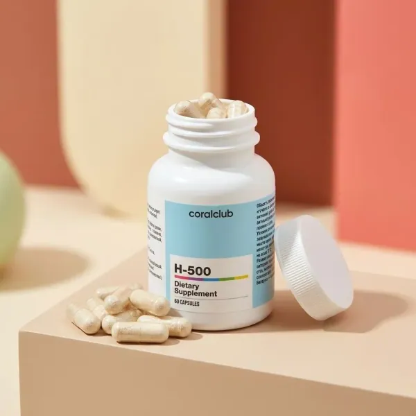 H-500 dietary supplement bottle with capsules on a minimalist background.