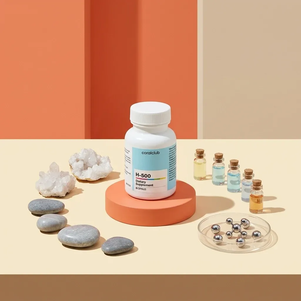 H-500 dietary supplement bottle surrounded by crystals, stones, and small vials.