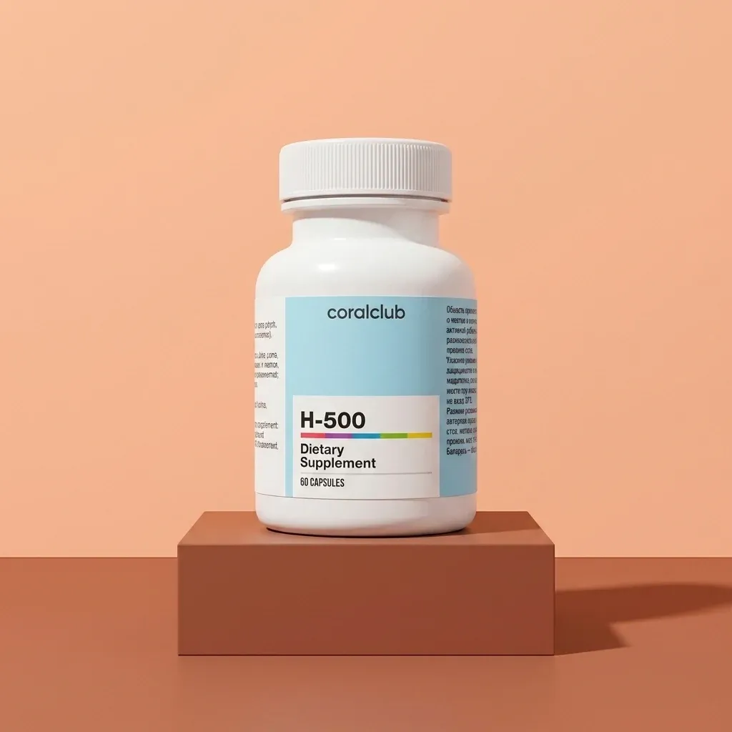 H-500 Dietary Supplement packshot with 68 capsules on a minimalist pedestal.