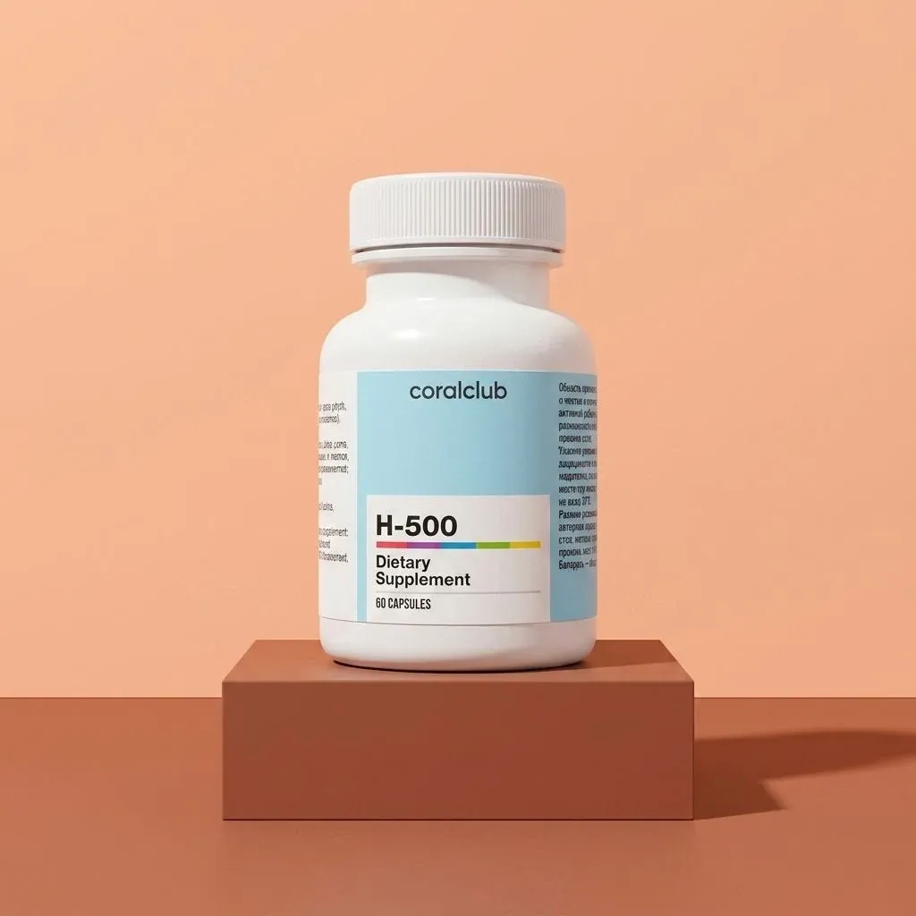 H-500 Dietary Supplement packshot with 68 capsules on a minimalist pedestal.