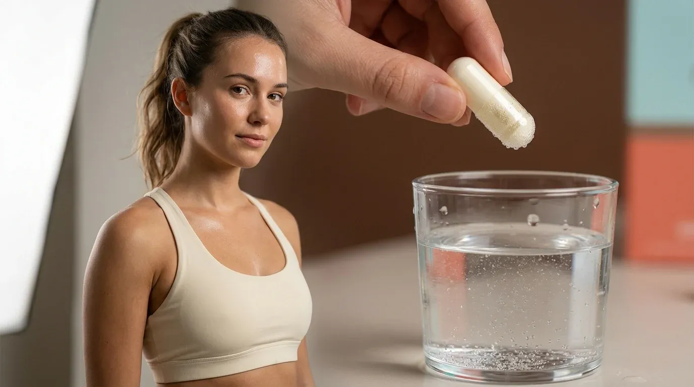 Sportlerin hält halb aufgelöste H-500-Kapsel über ein Glas klares Wasser, während kleine Bläschen aufsteigen